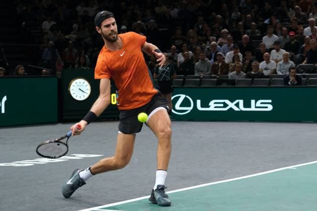 November 3, 2023, Paris, France: Russian player KAREN KHACHANOV returns the ball to Greek player STEFANOS TSITSIPAS during the quarter final of Rolex Paris Masters 1000 tournament at Paris Accor Arena Stadium - France..Tsitsipas won: 6:3 6:4 Paris France - ZUMAp119 20231103_zaf_p119_058 Copyright: xPierrexSteveninx