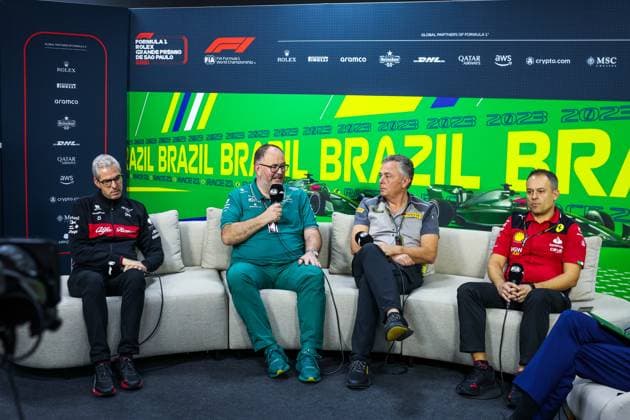 ALUNNI BRAVI Alessandro (ita), Managing Director of Sauber Group & Team Representative, MCCULLOUGH Tom, Performance Engineering Director of Aston Martin F1 Team, ISOLA Mario (ita), Motorsport Racing Manager of Pirelli, IOVERNO Diego, Scuderia Ferrari, portrait, during the 2023 Formula 1 Rolex Grande Premio de Sao Paulo, 20th round of the 2023 Formula One World Championship, WM, Weltmeisterschaft from November 3 to 5, 2023 on the Autodromo Josà Carlos Pace, in Sao Paulo, Brazil - F1 - SAO PAULO GRAND PRIX 2023 DPPI Panoramic 00123044_GOOD8648