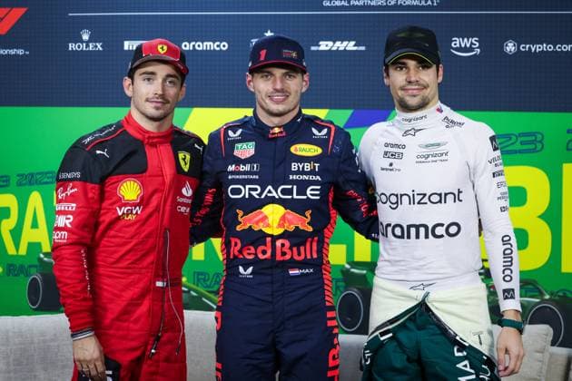 LECLERC Charles (mco), Scuderia Ferrari SF-23, VERSTAPPEN Max (ned), Red Bull Racing RB19, STROLL Lance (can), Aston Martin F1 Team AMR23, portrait during the 2023 Formula 1 Rolex Grande Premio de Sao Paulo, 20th round of the 2023 Formula One World Championship, WM, Weltmeisterschaft from November 3 to 5, 2023 on the Autodromo Josà Carlos Pace, in Sao Paulo, Brazil - F1 - SAO PAULO GRAND PRIX 2023 DPPI Panoramic 00123044_G0OD0767