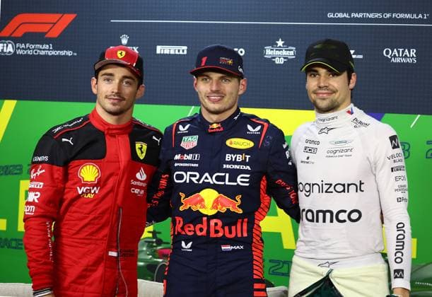 Formula 1 Rolex Sao Paulo Grand Prix 2023 03 11 2023, Autodromo Jose Carlos Pace, Interlagos, Formula 1 Rolex Sao Paulo Grand Prix 2023 , pictured pole position for Sundays race for Max Verstappen NLD , Oracle Red Bull Racing, 2nd grid position for Charles Leclerc MCO , Scuderia Ferrari, 3rd grid position for Lance Stroll CAN , Aston Martin Aramco Cognizant Formula One Team nordphotoxGmbHx xBratic nph00250