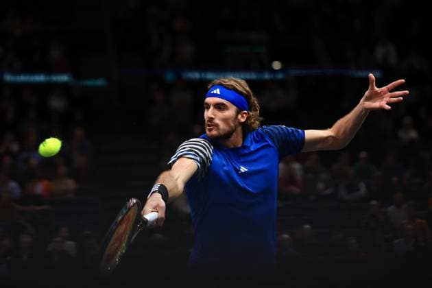 2023 ATP, Tennis Herren Paris Masters 1000 Mylene Deroche IP3 - Greece s Stefanos Tsitsipas in action druring the semi final match of the men s single, on day six of the Paris ATP Masters 1000 tennis tournament at the Accor Arena - Palais Omnisports de Paris-Bercy - in Paris, France, on november 4, 2023.  Copyright: xIP3xPRESS MAXPPPxMylenexDerochex IP3DER231104018 IP3DER231104018