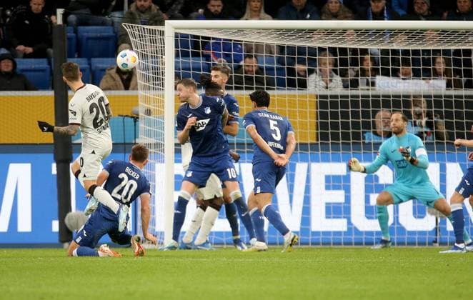 Alejandro Grimaldo Leverkusen, left scores the 2-0 goal for Leverkusen Sport Soccer LIGA Season 23 24 TSG 1899 Hoffenheim Bayer 04 Leverkusen , Matchday 10, 04 11 2023