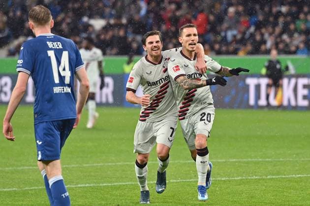 Goal celebration Alejandro GRIMALDO re,Bayer Leverkusen after goal to 3 2 with Jonas HOFMANN Bayer Leverkusen jubilation,joy,enthusiasm, action, Soccer 1 Bundesliga season 2023 2024, 10 Matchday, Matchday10 TSG 1899 Hoffenheim Bayer 04 Leverkusen 2 3 on 04 11 2023 , PREZERO ARENA