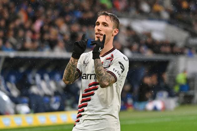 Goal celebration Alejandro GRIMALDO Bayer Leverkusen after goal to 3 2 , cheering,joy,enthusiasm,action,single image,cropped single motif,half figure,half figure Football 1 Bundesliga season 2023 2024, 10 Matchday, Matchday10 TSG 1899 Hoffenheim Bayer 04 Leverkusen 2 3 on 04 11 2023 , PREZERO ARENA