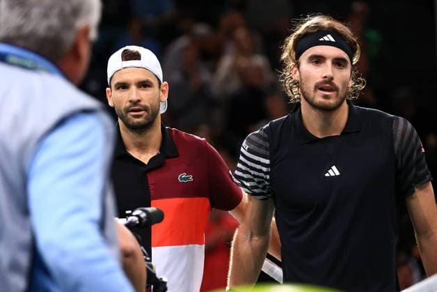 2023 ATP, Tennis Herren Paris Masters 1000 Mylene Deroche IP3 - Loser Greece s Stefanos Tsitsipas (R) and Wiiner Bulgaria s Grigor Dimitro (L) after their semi final match of the men s single, on day six of the Paris ATP Masters 1000 tennis tournament at the Accor Arena - Palais Omnisports de Paris-Bercy - in Paris, France, on november 4, 2023.  Copyright: xIP3xPRESS MAXPPPxMylenexDerochex IP3DER231104071 IP3DER231104071