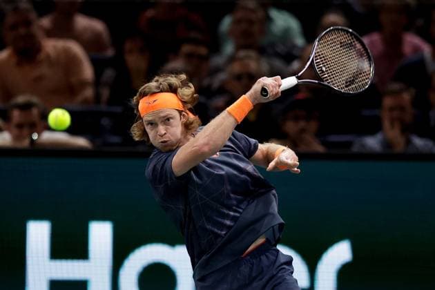Paris, 04 11 2023 Tennis Rolex Paris Masters 2023, Novak Djokovic Andrei Andreyevich Rublyov v l , Andrei Andreyevich Rublyov plays a forehand Copyright: AntonioxBorga