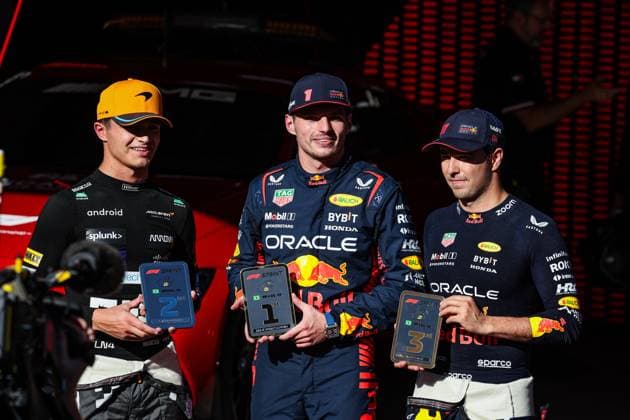 NORRIS Lando (gbr), McLaren F1 Team MCL60, VERSTAPPEN Max (ned), Red Bull Racing RB19, PEREZ Sergio (mex), Red Bull Racing RB19, portrait during the 2023 Formula 1 Rolex Grande Premio de Sao Paulo, 20th round of the 2023 Formula One World Championship, WM, Weltmeisterschaft from November 3 to 5, 2023 on the Autodromo Josà Carlos Pace, in Sao Paulo, Brazil - F1 - SAO PAULO GRAND PRIX 2023 DPPI Panoramic 00123044_G0OD0290