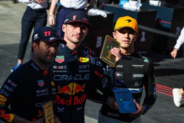 NORRIS Lando (gbr), McLaren F1 Team MCL60, VERSTAPPEN Max (ned), Red Bull Racing RB19, PEREZ Sergio (mex), Red Bull Racing RB19, portrait during the 2023 Formula 1 Rolex Grande Premio de Sao Paulo, 20th round of the 2023 Formula One World Championship, WM, Weltmeisterschaft from November 3 to 5, 2023 on the Autodromo Josà Carlos Pace, in Sao Paulo, Brazil - F1 - SAO PAULO GRAND PRIX 2023 DPPI Panoramic 00123044_G0OD0296