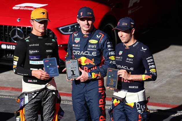 Formula 1 Rolex Sao Paulo Grand Prix 2023 04 11 2023, Autodromo Jose Carlos Pace, Interlagos, Formula 1 Rolex Sao Paulo Grand Prix 2023 , in the picture winner of the sprint race Max Verstappen NLD , Oracle Red Bull Racing, 2nd place for Lando Norris GBR , McLaren F1 Team, 3rd place for Sergio Perez MEX , Oracle Red Bull Racing nordphotoxGmbHx xBratic nph00250