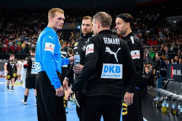 Handball, Mens Laenderspiel, Germany Egypt v li Goalkeeper David Späth David Spaeth Germany , Goalkeeper Andreas Wolff Germany , dhbma, Goalkeeper Silvio Heinevetter Germany Ulm Ratiopharm Arena Germany