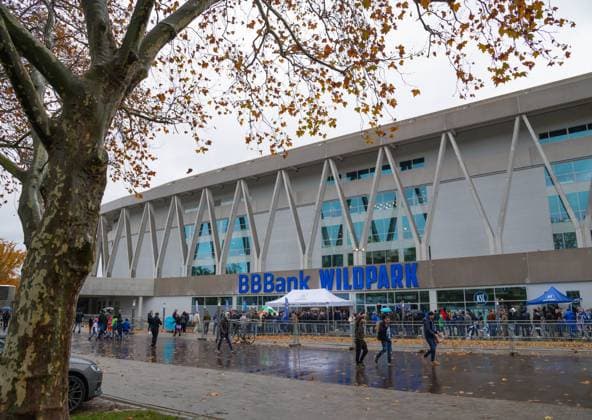 Exterior facade of the Wildparkstadion in autumnal rainy weather, GER, Karlsruher SC vs SC Paderborn, Sport, Soccer, Men, 2 Bundesliga, Matchday 12, Season 2023 2024, 05 11 2023, DFL REGULATES PROHIBIT ANY USE OF PHOTOGRAPHS AS IMAGE SEQUENCES AND OR QUASI VIDEO GER, Karlsruher SC vs SC Paderborn, Sport, Football, Men, 2 Bundesliga, Matchday 12, Season 2023 2024, 05 11 2023, Karlsruhe Copyright: xEibner-Pressefoto SilasxSchuellex EP_SSR