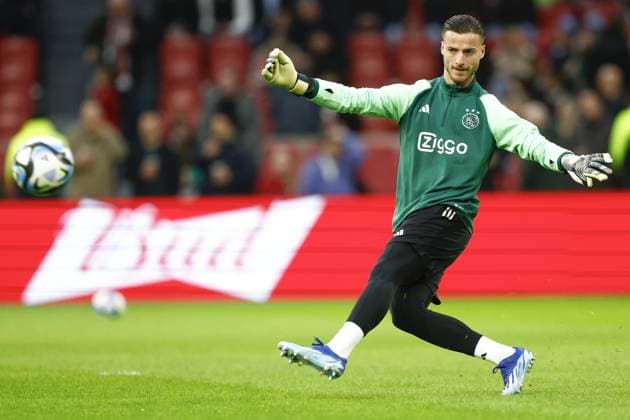 AMSTERDAM, , 05-11-2023 JohanCruyff Arena. Dutch Eredivisie Football season 2023 2024. Ajax goalkeeper Diant Ramaj warming up before the match Ajax - SC Heerenveen. Ajax - Heerenveen  x23048965x Copyright: