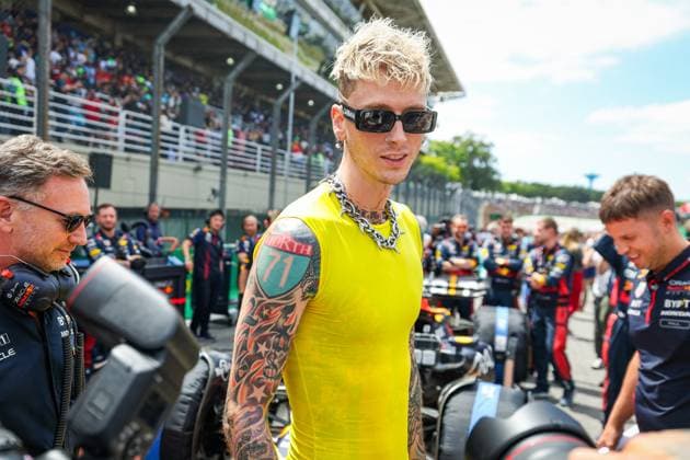 Colson Baker, Machine Gun Kelly, on the starting grid with Red Bull Racing, during the 2023 Formula 1 Rolex Grande Premio de Sao Paulo, 20th round of the 2023 Formula One World Championship, WM, Weltmeisterschaft from November 3 to 5, 2023 on the Autodromo JosÃ Carlos Pace, in Sao Paulo, Brazil - F1 - SAO PAULO GRAND PRIX 2023 - RACE DPPI Panoramic  00123045_GOOD9179