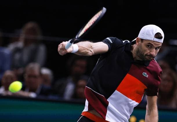 (231106) -- PARIS, Nov. 6, 2023 -- Grigor Dimitrov of Bulgaria hits a return during the men s singles final between Novak Djokovic of Serbia and Grigor Dimitrov of Bulgaria at Paris ATP, Tennis Herren Masters 1000 tennis tournament in Paris, France, Nov. 5, 2023. ) (SP)FRANCE-PARIS-TENNIS-MASTERS GaoxJing 