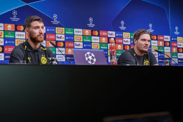 06 11 2023, Football, Season 2023 2024, UCL, UEFA Champions League, Group stage, Matchday 4, Press conference Borussia Dortmund, f l Salih Özcan Borussia Dortmund , Head coach Edin Terzic Borussia Dortmund , Dortmund Signal Iduna Park NRW Germany xRHR PHOTO DEx Copyright: DennisxEwert RHR-FOTOx RHR-FOTO DE
