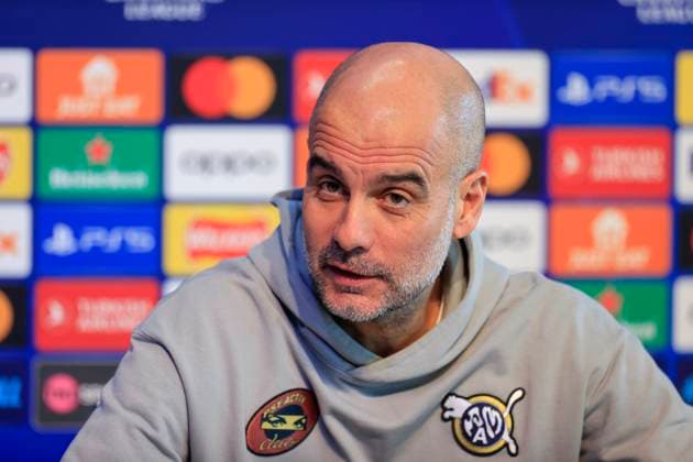 press conference, PK, Pressekonferenz - UEFA Champions League Manchester City vs Young Boys Pep Guardiola answering questions during the Press Conference - UEFA Champions League Manchester City vs Young Boys at the Joie Stadium, Manchester, United Kingdom, 6th November 2023 (Photo by Conor Molloy News Images) Manchester Joie Stadium Manchester United, ManU Kingdom Copyright: xConorxMolloy NewsxImagesx