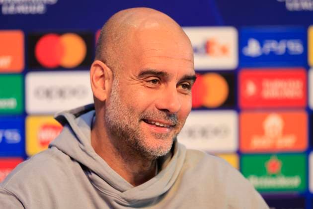 press conference, PK, Pressekonferenz - UEFA Champions League Manchester City vs Young Boys Pep Guardiola answering questions during the Press Conference - UEFA Champions League Manchester City vs Young Boys at the Joie Stadium, Manchester, United Kingdom, 6th November 2023 (Photo by Conor Molloy News Images) Manchester Joie Stadium Manchester United, ManU Kingdom Copyright: xConorxMolloy NewsxImagesx