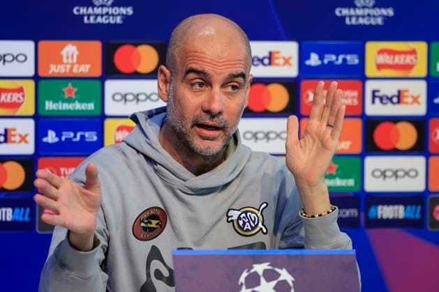 press conference, PK, Pressekonferenz - UEFA Champions League Manchester City vs Young Boys Pep Guardiola answering questions during the Press Conference - UEFA Champions League Manchester City vs Young Boys at the Joie Stadium, Manchester, United Kingdom, 6th November 2023 (Photo by Conor Molloy News Images) Manchester Joie Stadium Manchester United, ManU Kingdom Copyright: xConorxMolloy NewsxImagesx