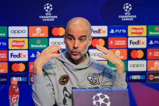 press conference, PK, Pressekonferenz - UEFA Champions League Manchester City vs Young Boys Pep Guardiola answering questions during the Press Conference - UEFA Champions League Manchester City vs Young Boys at the Joie Stadium, Manchester, United Kingdom, 6th November 2023 (Photo by Conor Molloy News Images) Manchester Joie Stadium Manchester United, ManU Kingdom Copyright: xConorxMolloy NewsxImagesx