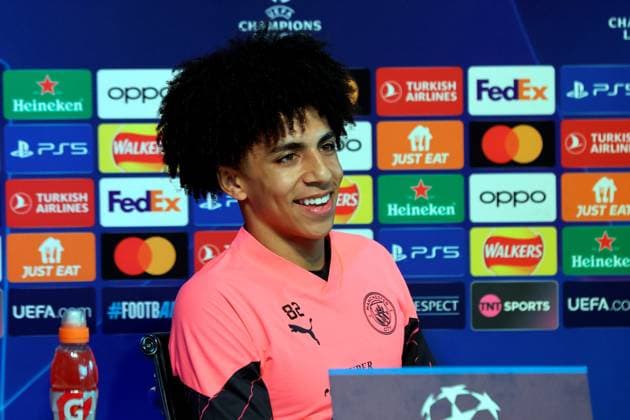6th November 2023, Etihad Stadium, Manchester, England; press conference, PK, Pressekonferenz ahead of the UEFA Champions League group stage match against Young Boys in Manchester, England. Rico Lewis of Manchester City speaking to the media during today s press conference at the Etihad Campus ahead of tomorrow s Champions League Group G match versus Young Boys  ActionPlus12573448 AlanxMartin