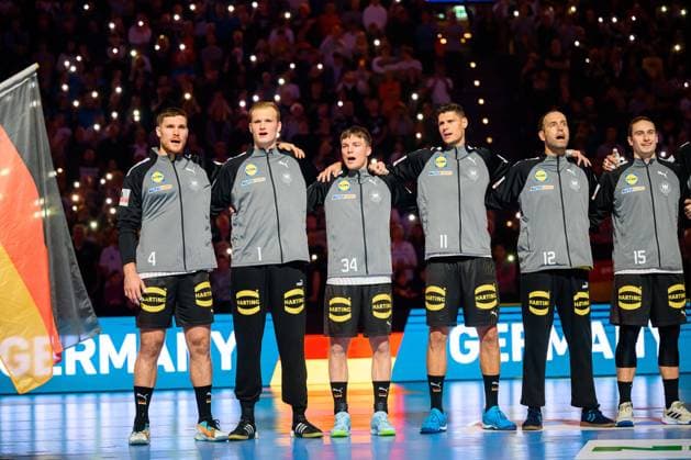 Munich, Germany 05 November Handball DHB Day of Handball Germany Egypt from left Johannes Golla Germany , Goalkeeper David Späth David Spaeth Germany , Nils Lichtlein Germany , Sebastian Heymann Germany , Goalkeeper Silvio Heinevetter Germany , Juri Knorr Germany Munich Olympiahalle Bayern Germany