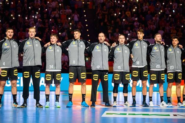 Munich, Germany 05 November Handball DHB Day of Handball Germany Egypt from left Johannes Golla Germany , Goalkeeper David Späth David Spaeth Germany , Nils Lichtlein Germany , Sebastian Heymann Germany , Goalkeeper Silvio Heinevetter Germany , Juri Knorr Germany , Julian Köster Koester Germany , Philipp Weber Germany , Renars Uscins Germany Munich Olympiahalle Bayern Germany
