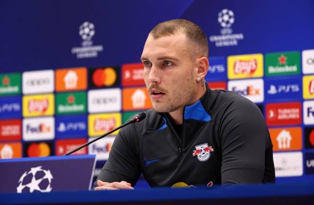 Red Star Belgrade RB Leipzig PK Champions League Beograd, 06 11 2023, Stadion Rajko Mitic, Fußball , UEFA Champions League, Gruppe G , 4 Spieltag, Matchday 1 , Red Star Belgrade vs RB Leipzig , Press conference before the match , Im Bild David Raum 22, RB Leipzig , Foto nur zur redaktionellen Nutzung bestimmt , UEFA regulations prohibit any use of photographs as image sequences and or quasi video ,