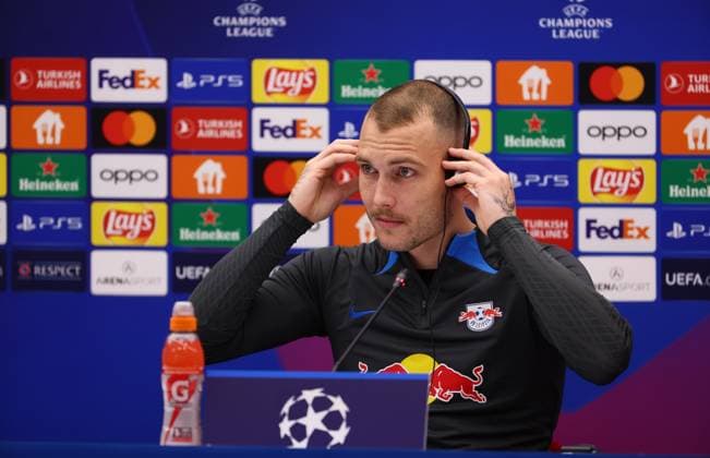 Red Star Belgrade RB Leipzig PK Champions League Beograd, 06 11 2023, Stadion Rajko Mitic, Fußball , UEFA Champions League, Gruppe G , 4 Spieltag, Matchday 1 , Red Star Belgrade vs RB Leipzig , Press conference before the match , Im Bild David Raum 22, RB Leipzig , Foto nur zur redaktionellen Nutzung bestimmt , UEFA regulations prohibit any use of photographs as image sequences and or quasi video ,