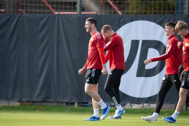 Football, Men, Season 2023 2024, Champions League, Training of 1 FC Union Berlin at the stadium An der Alten Försterei the day before the match against SSC Napoli, f l Robin Gosens 1 FC Union Berlin , Kevin Behrens 1 FC Union Berlin , Janik Haberer 1 FC Union Berlin , Aljoscha Kemlein 1 FC Union Berlin , 07 11 2023, Copyright: xSebastianxRäppold MatthiasxKochx