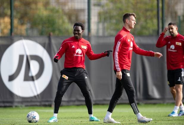 Football, Men, Season 2023 2024, Champions League, Training of 1 FC Union Berlin at the stadium An der Alten Försterei the day before the match against SSC Napoli, from l David Datro Fofana 1 FC Union Berlin , Janik Haberer 1 FC Union Berlin , Rani Khedira 1 FC Union Berlin , 07 11 2023, Copyright: xSebastianxRäppold MatthiasxKochx