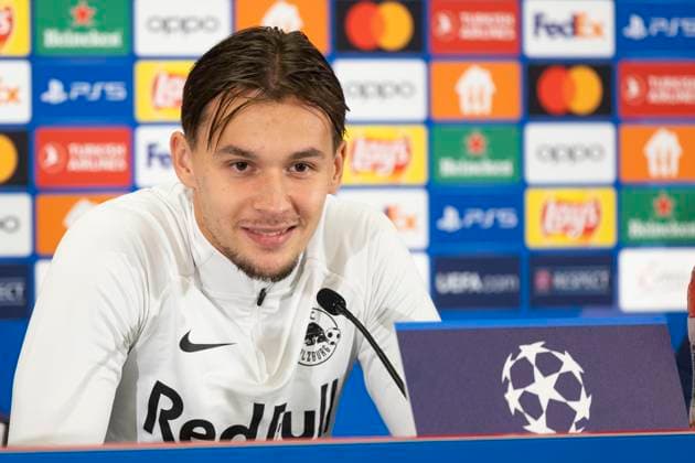 SOCCER - UEFA CL, RBS vs Inter, preview SALZBURG,AUSTRIA,07.NOV.23 - SOCCER - UEFA Champions League, group stage, Red Bull Salzburg vs FC Internazionale Milano, preview, press conference, PK, Pressekonferenz RBS. Image shows Amar Dedic (RBS).  GEPAxpictures xGintarexKarpaviciute