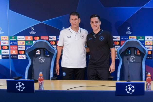 Italy: press conference, PK, Pressekonferenz SSC Napoli SSC Napoli s French coach Rudi Jose Garcia and SSC Napoli s Italian forward Giacomo Raspadori during the SSC Napoli press conference the day before the Champions League football match against Union Berlin at the Konami center in Castel Volturno on 07 November 2023 DSCF9975 Copyright: xAntonioxBalascox