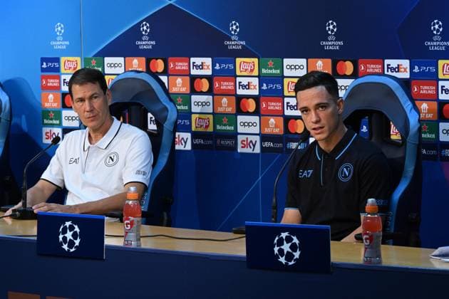 November 7, 2023, NAPOLI: Napoli™s head coach Rudi Garcia and Napoli™s foreward Giacomo Raspadori attend press conference, PK, Pressekonferenz at the Konami Training Center in Castel Volturno, Italy, 7 november 2023. Napoli will face Union Berlin in their UEFA Champions League soccer match on 8 november 2023..ANSA CIRO FUSCO Soccer: UEFA Champions League; SSC Napoli vs Union Berlin  - ZUMAa110 20231107_zaf_a110_014 Copyright: xCiroxFuscox