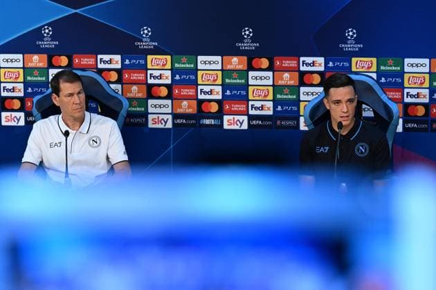 November 7, 2023, NAPOLI: Napoli™s head coach Rudi Garcia and Napoli™s foreward Giacomo Raspadori attend press conference, PK, Pressekonferenz at the Konami Training Center in Castel Volturno, Italy, 7 november 2023. Napoli will face Union Berlin in their UEFA Champions League soccer match on 8 november 2023..ANSA CIRO FUSCO Soccer: UEFA Champions League; SSC Napoli vs Union Berlin  - ZUMAa110 20231107_zaf_a110_017 Copyright: xCiroxFuscox