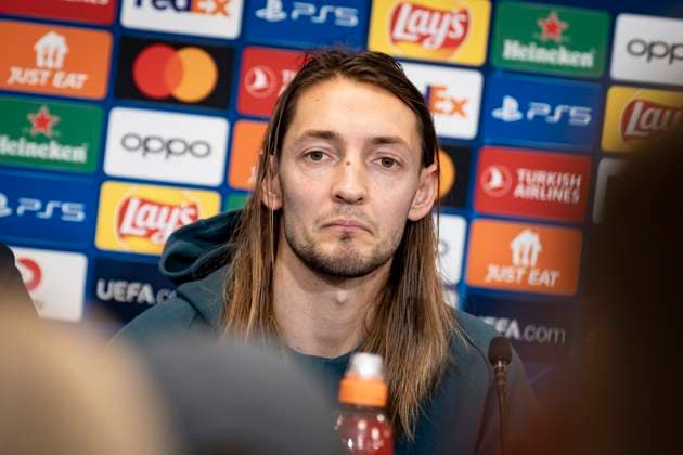 FC Copenhagen player Rasmus Falk during FC Copenhagen s press conference ahead of the team s Champions League match against Manchester United in Copenhagen on Tuesday 7 November 2023 Photo Emil Nicolai Helms Ritzau Scanpix , Denmark Kobenhavn  Copyright: EmilxNicolaixHelmsx COP15002 spdk20231107-171250-L