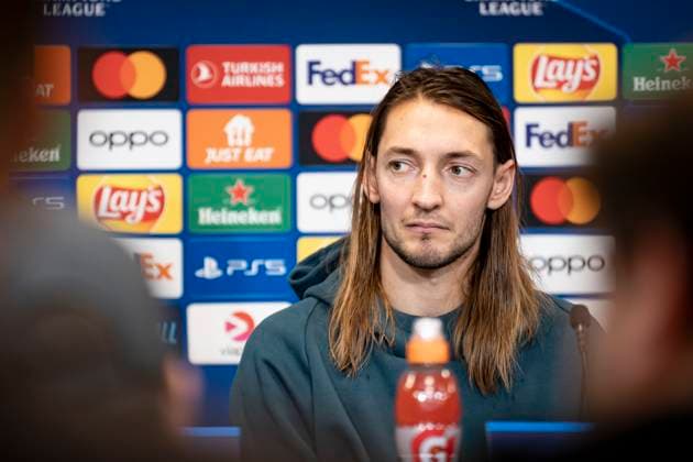 FC Copenhagen player Rasmus Falk during FC Copenhagen s press conference ahead of the team s Champions League match against Manchester United in Copenhagen on Tuesday 7 November 2023 Photo Emil Nicolai Helms Ritzau Scanpix , Denmark Kobenhavn  Copyright: EmilxNicolaixHelmsx COP15002 spdk20231107-171351-L