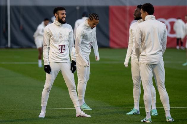 Noussair Mazraoui 40 FC Bayern Muenchen , Leroy Sane 10 FC Bayern Muenchen , Alphonso Davies 19 FC Bayern Muenchen , Jamal Musiala 42 FC Bayern Muenchen have fun, FC Bayern Muenchen, Official final training before the UEFA Champions League match 4 matchday, against Galatasaray Istanbul, season 2023 2024 at Saebener Strasse 07 11 2023 DFB regulations prohibit any use of photographs as image sequences and or quasi video Muenchen Bayern Germany Copyright: xkolbert-press UlrichxGamelx
