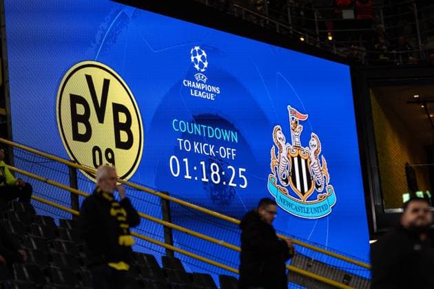 GER, UEFA Champions League, Borussia Dortmund vs Newcastle United, Group stage 4 match day 07 11 2023, Signal Iduna Park, Dortmund, GER, UEFA Champions League, Borussia Dortmund vs Newcastle United, Group stage 4 match day In the picture monitor canvas with logo crest of BV Borussia Dortmund and Newcastle United nordphotoxGmbHxx xChristianxSchulze nph000300