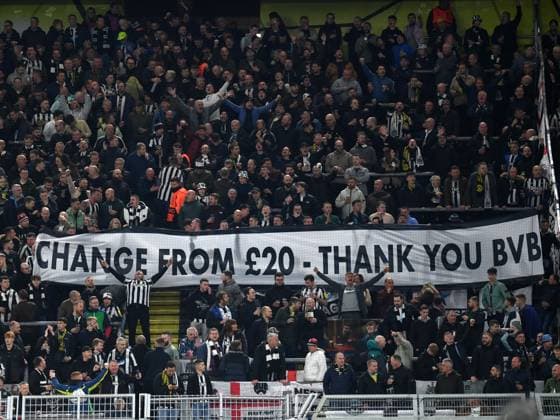 07 11 2023, Dortmund, Germany, Signal Iduna Park, Borussia Dortmund vs Newcastle United UEFA Champions League 2023 2024 Group F, Fans Newcastle with banner Photo Ralf Treese Dortmund Signal Iduna Park North Rhine Westphalia Germany  521_BVBNEW20231107_001 Treese-521