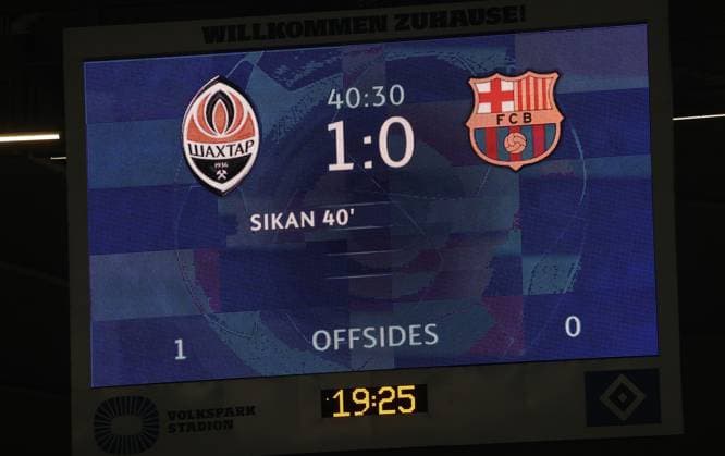 Scoreboard 1 0 Football, UEFA Champions League, Group stage, Season 2023 2024, Men, UCL, Men, Volksparkstadion, FC Shakhtar Shakhtar Donetsk UKR vs FC Barcelona