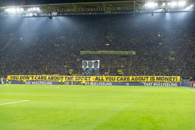UEFA Champions League, Borussia Dortmund Newcastle United, 7 11 2023 BVB fans with a statement www nein zur cl reform de You don t care about the sport all you care about is money UEFA Champions League, Borussia Dortmund Newcastle United, Vorrunde 4 Spieltag, am 7 11 2023, Signal Iduna Park, Dortmund UEFA regulations prohibit any use of photographs as image sequences and or quasi video Copyright: xBEAUTIFULxSPORTS Meuselx