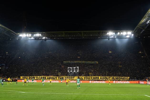 GER, UEFA Champions League, Borussia Dortmund vs Newcastle United, Group stage 4 matchday 07 11 2023, Signal Iduna Park, Dortmund, GER, UEFA Champions League, Borussia Dortmund vs Newcastle United, Group stage 4 matchday In the picture BV Borussia Dortmund with banner You don™t care about the sport all you care about is money nordphotoxGmbHxx xChristianxSchulze nph000300