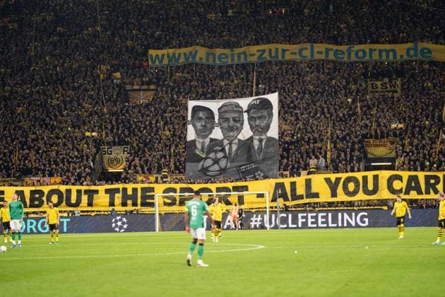 GER, UEFA Champions League, Borussia Dortmund vs Newcastle United, Group stage 4 matchday 07 11 2023, Signal Iduna Park, Dortmund, GER, UEFA Champions League, Borussia Dortmund vs Newcastle United, Group stage 4 matchday In the picture BV Borussia Dortmund with banner You don™t care about the sport all you care about is money nordphotoxGmbHxx xChristianxSchulze nph000300