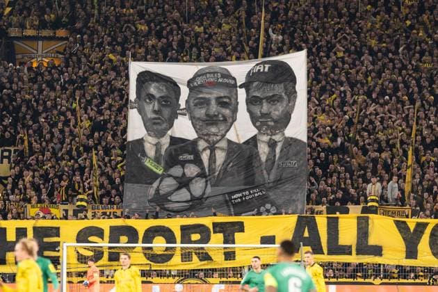 GER, UEFA Champions League, Borussia Dortmund vs Newcastle United, Group stage 4 matchday 07 11 2023, Signal Iduna Park, Dortmund, GER, UEFA Champions League, Borussia Dortmund vs Newcastle United, Group stage 4 matchday In the picture BV Borussia Dortmund with banner You don™t care about the sport all you care about is money nordphotoxGmbHxx xChristianxSchulze nph000300