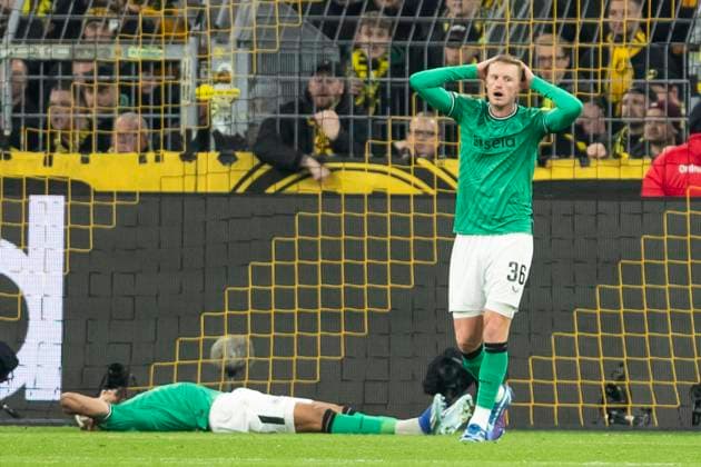 UEFA Champions League, Borussia Dortmund Newcastle United, 7 11 2023 Joelinton Newcastle United, 7 on the ground and Sean Longstaff Newcastle United, 36 struggling after the missed chance UEFA Champions League, Borussia Dortmund Newcastle United, preliminary round 4 matchday, on 7 11 2023, Signal Iduna Park, Dortmund UEFA regulations prohibit any use of photographs as image sequences and or quasi video Copyright: xBEAUTIFULxSPORTS Meuselx