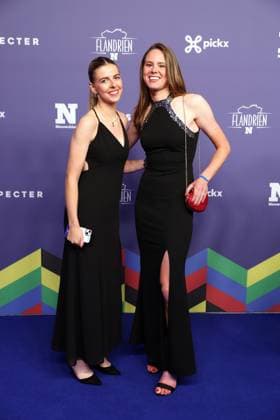 Belgian Febe Jooris and Belgian Julie de Wilde pictured at the blue carpet of the Flandrien award ceremony for the best Belgian cyclist of the 2023 cycling season, organized by newspaper Het Nieuwsblad , in Oostende, on Tuesday 07 November 2023. KURTxDESPLENTER  x79478951x
