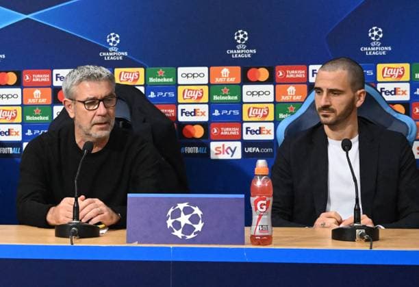 Football, Men, Season 2023 2024, Champions League Group C, Matchday 4 , SSC Napoli 1 FC Union Berlin, Stadium inspection and press conference of 1 FC Union at the Stadio Diego Armando Maradona in Naples the day before the match, from l Coach Urs Fischer 1 FC Union , Leonardo Bonucci 1 FC Union Berlin , 07 11 2023, Copyright: xMatthiasxKochx