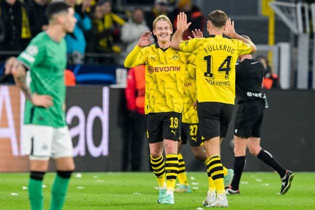 DORTMUND - Julian Brandt of Borussia Dortmund celebrates the 2-0 during the UEFA Champions League match between Borussia Dortmund and Newcastle United FC at Signal Iduna Park on November 7, 2023 in Dortmund, Germany. ANP Hollandse Hoogte UEFA Champions League 2023 24 2023 2024 xVIxANPxSportx xGerritxvanxKeulenxIVx 483271723 originalFilename: 483271723.jpg