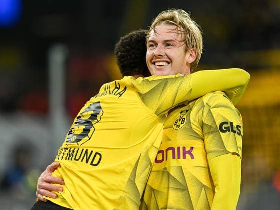 While Julian Brandt Borussia Dortmund 09, 19 laughs after his goal for 2-0, Felix Nmecha Borussia Dortmund 09, 08 Borussia Dortmund vs Newcastle United, Football, UEFA Champions League, Matchday 04, 2023 2024 season, 07 11 2023 Borussia Dortmund vs Newcastle United, Football, UEFA Champions League, Matchday 04, 2023 2024 season, 0307 11 2023 Dortmund Copyright: xEibner-Pressefoto ThomasxHaeslerx EP_THR