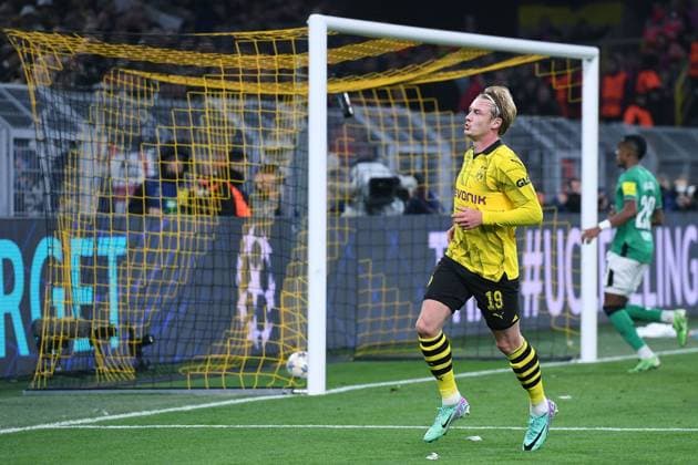 Soccer Champions group stage matchday 4 Borussia Dortmund Newcastle United on 07 11 2023 at Signal Iduna Park in Dortmund Goal celebration to 2 0 by Julian Brandt Dortmund xRx